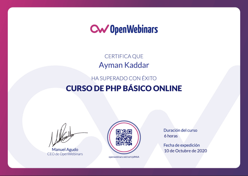 Certificado Curso de PHP Básico - Curso introductorio a PHP y desarrollo backend.